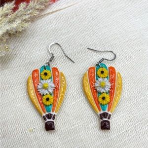 Hot Air Balloon Clay Fall Earrings With Flowers